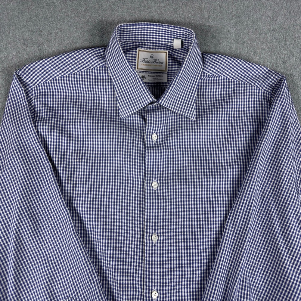 Brooks Brothers Dress Shirt Mens 17 34 Blue Check Milano Fit Thomas Mason Luxury